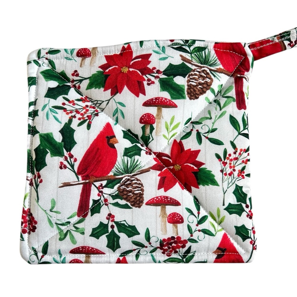 Hand Crafted Colorful Red Cardinals Themed Fabric Pot Holders or Hot Mats Trivet - Picture 9 of 10